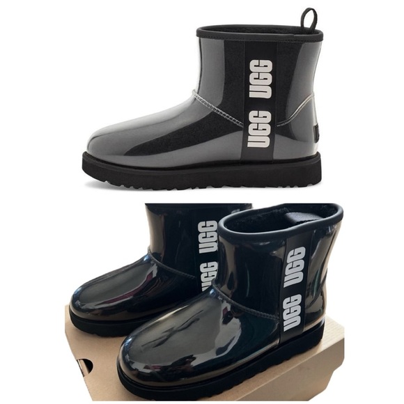 UGG Women’s Black/Clear Classic Mini Large LOGO Fleece Lined Boots/Bootie | NEW - Picture 1 of 15